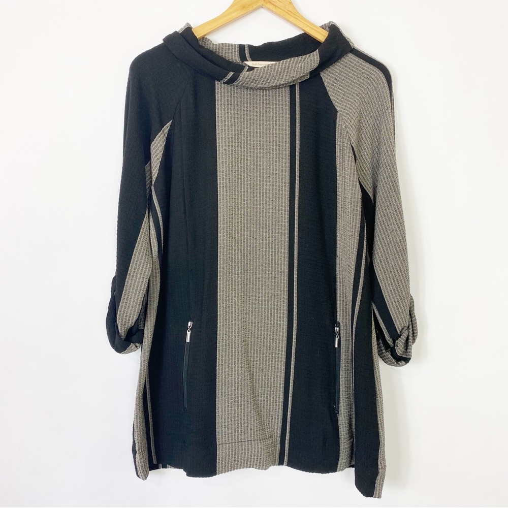 Soft Surroundings Tunic Top Blouse Zipper Black Gray Striped Pockets Spring PM